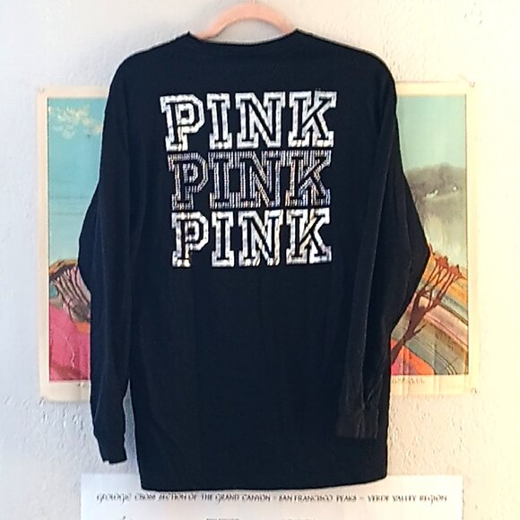 PINK Victoria's Secret Oversized Black Rhinestone Campus Long Sleeve Tee Medium - Picture 5 of 5